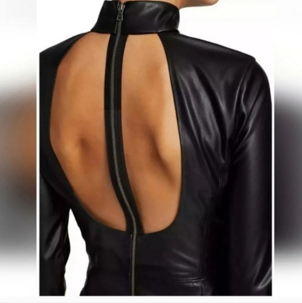 ALICE + OLIVIA DELORA VEGAN LEATHER MOCKNECK MIDI DRESS SIZE 4 - Picture 4 of 15